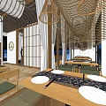 Japanese Style Restaurant Interior With Woven Bamboo Pendant Lights Shoji Screens And Wooden Tables