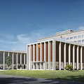 Modern Multi Story Office Building With Glass Curtain Wall Red Emblems And Front Plaza