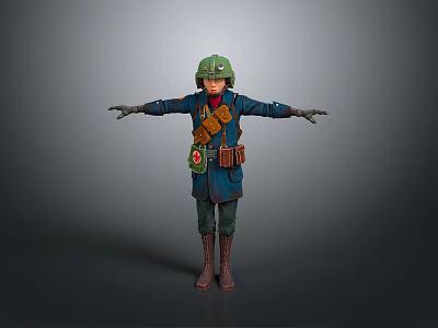 Man In Green Helmet And Blue Coat With Arms Outstretched Standing On Gray Background 3d model