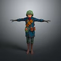 Man In Green Helmet And Blue Coat With Arms Outstretched Standing On Gray Background