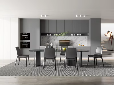 Modern Restaurant Interior With Grey Cabinets Dining Table And Chairs 3d model