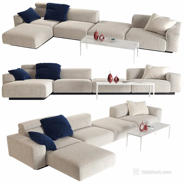 Light Colored Sofa With Blue Pillows And Coffee Table Set With Red Decor Items 3d model