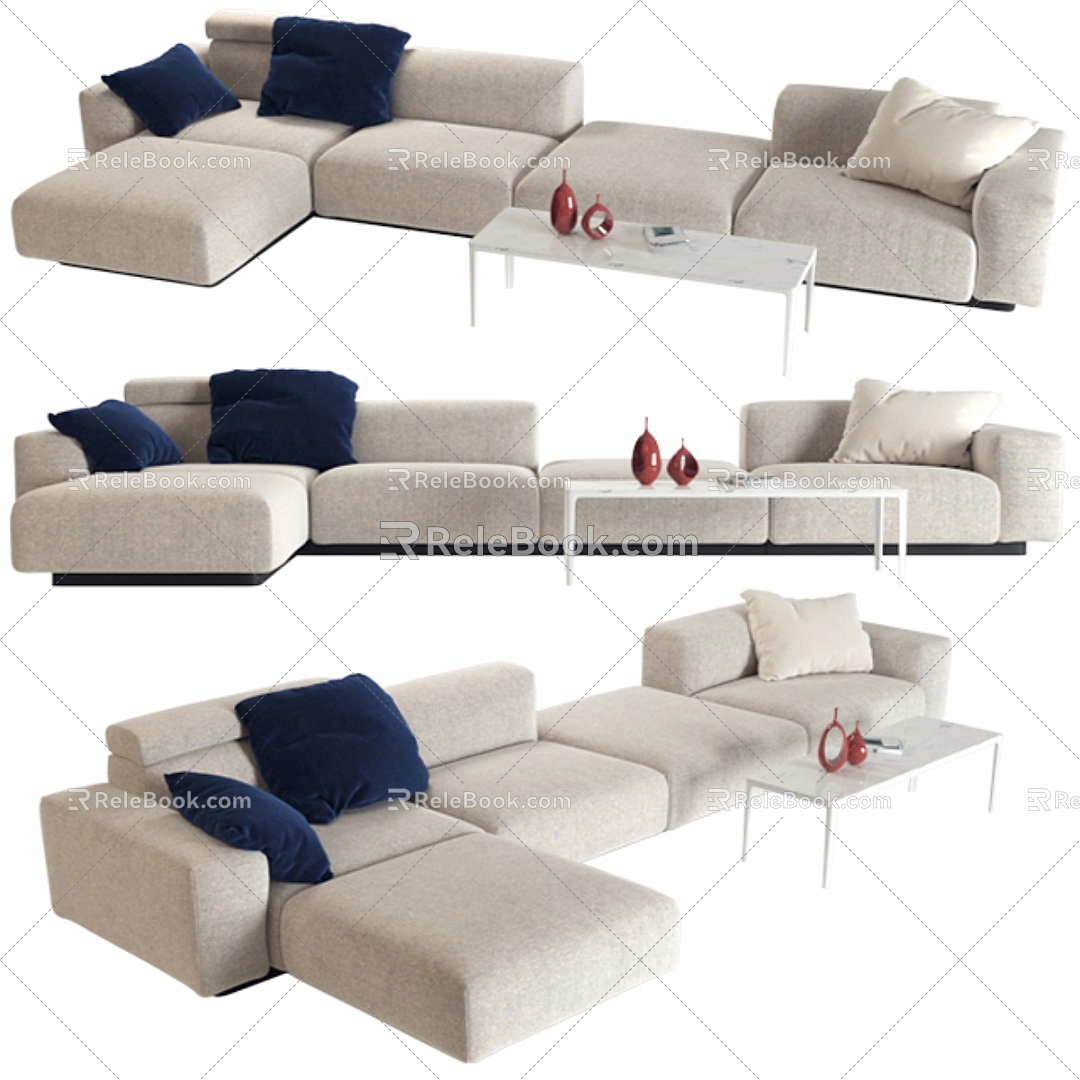 Sofa Coffee Table Combination Living Room Sofa Multi-person Sofa Coffee Table Carpet Pillow Pillow Blanket Table Lamp Simple 3d model