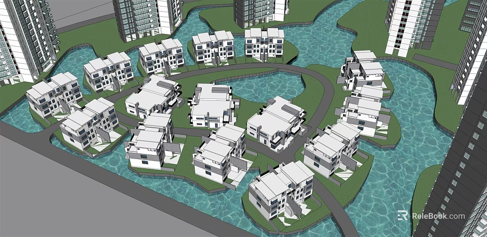 Modern Residential Community Design With White Buildings Water Channels Green Spaces And Roads 3d model 