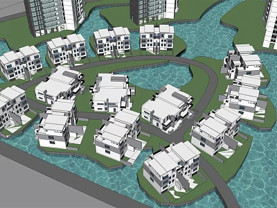 Modern Residential Community Design With White Buildings Water Channels Green Spaces And Roads 3d model