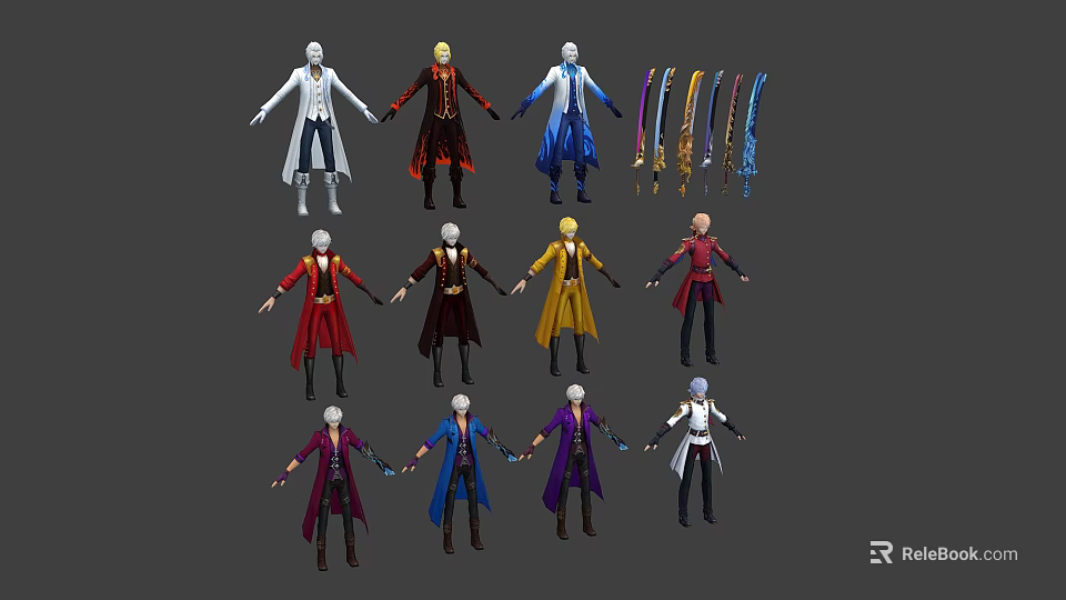 Anime Style Character Costume Designs With Colorful Robes And Decorative Ribbons 3d model 