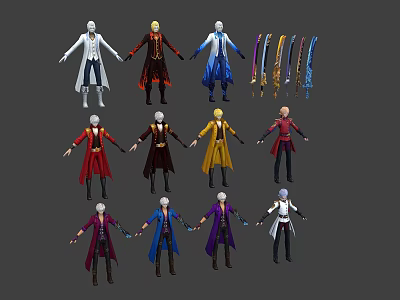 Anime Style Character Costume Designs With Colorful Robes And Decorative Ribbons 3d model