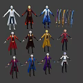 Anime Style Character Costume Designs With Colorful Robes And Decorative Ribbons