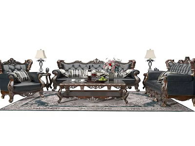 Classic European Style Sofa And Coffee Table Set With Carved Frame And Decorative Pillows 3d model