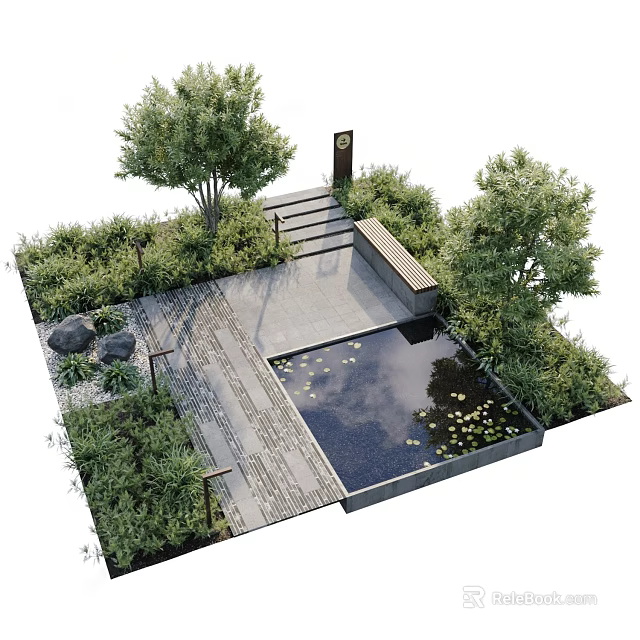 Charming Garden Feature with Stone Path Pond Water Lilies Steps and Greenery 3d model 