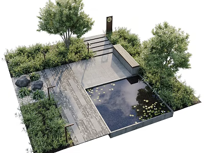 Charming Garden Feature with Stone Path Pond Water Lilies Steps and Greenery 3d model