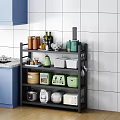 Black Multi Tiered Bathroom Cabinet Shelf With Organized Storage Items And Tile Wall Background
