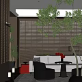 Hotel Public Lounge Area With Modern Design Wooden Screens Green Plants And Comfortable Sofa