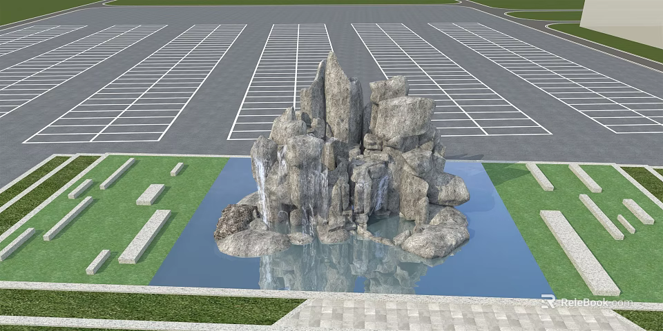Garden Ornament Rock Waterfall Feature With Reflective Pond Stone Path And Surrounding Grass 3d model 
