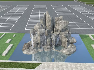 Garden Ornament Rock Waterfall Feature With Reflective Pond Stone Path And Surrounding Grass 3d model