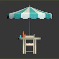 Outdoor Table with Round Design Blue White Striped Umbrella Red White Checkered Chairs Colorful Bottles