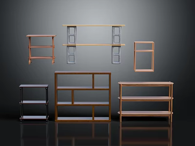 Modern Wooden and Metal Open Shelves with Multi Tiered Design for Home Decor 3d model