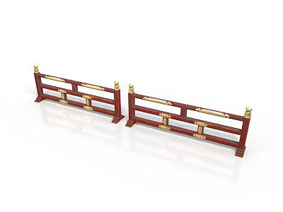 Traditional Red Wooden Railings With Golden Decorative Elements And Parallel Structure 3d model