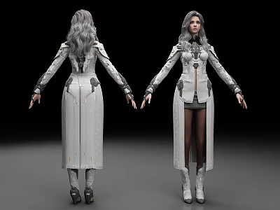 Woman With Gray Hair In Futuristic White Long Coat Sci Fi Design Front Back View 3d model