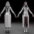 Woman With Gray Hair In Futuristic White Long Coat Sci Fi Design Front Back View