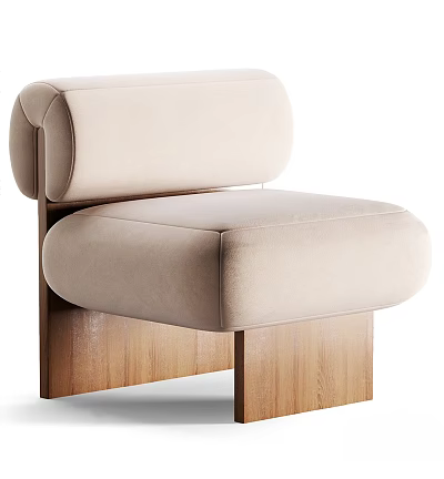 Modern Contemporary Single Sofa in Beige Velvet with Curved Backrest and Wooden Legs 3d model