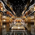 Elegant Modern Banquet Hall Interior With Crystal Chandelier And Golden Decorative Ceiling Design