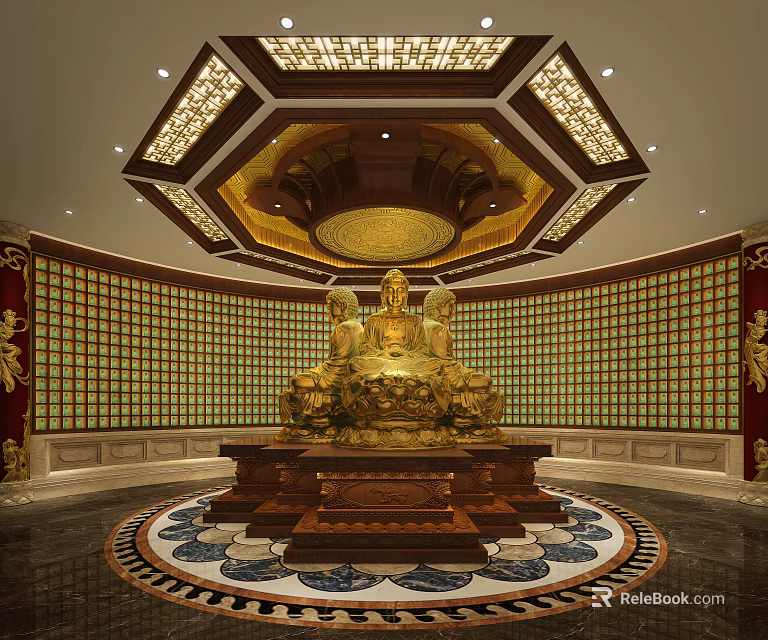 Sacred Buddhist Temple Interior With Golden Buddha Statue And Ornate Ceiling Design 3d model 