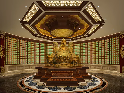 Sacred Buddhist Temple Interior With Golden Buddha Statue And Ornate Ceiling Design 3d model