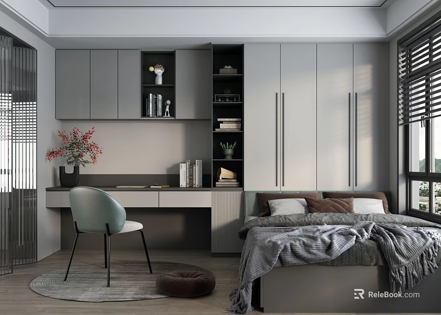 Modern Tatami Bedroom Interior Design With Gray Cabinets Desk Chair And Plant 3d model 