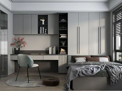 Modern Tatami Bedroom Interior Design With Gray Cabinets Desk Chair And Plant 3d model