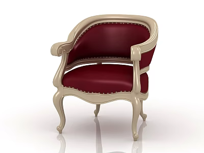 European Style Leisure Chair With Red Leather Upholstery Beige Trim And Carved Wooden Legs 3d model