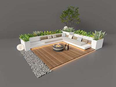 White L-shaped Outdoor Sofa with Central Fire Pit Green Plants on Wooden Floor and Pebbles 3d model
