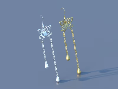 Butterfly Shaped Dangle Earrings With Silver Gold Chain And Water Drop Pendant 3d model