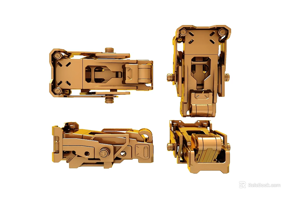 Detailed Golden Metal Mechanical Components Displaying Structural Details In Multiple Angles 3d model 