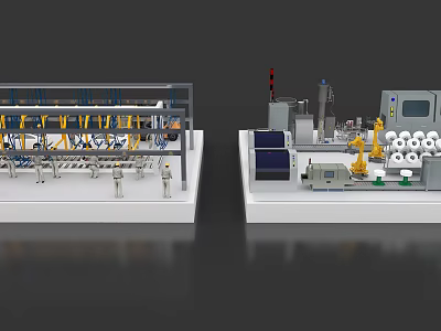 Industrial Manufacturing Equipment Model With Robotic Arms Conveyor Belts And Control Panels 3d model