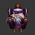 Sleeping Girl With Long Hair On Purple Sofa And Teddy Bear Toy