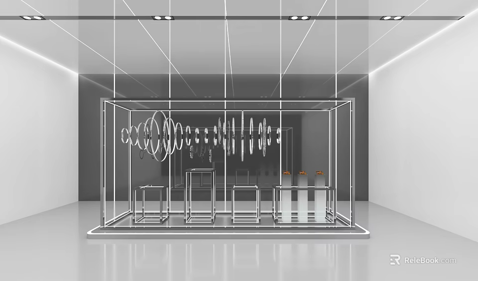 Modern Display Case With Decorative Lines And Exhibition Tables In Minimalist Interior 3d model 