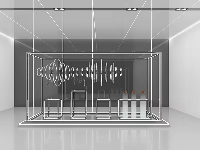 Modern Display Case With Decorative Lines And Exhibition Tables In Minimalist Interior 3d model