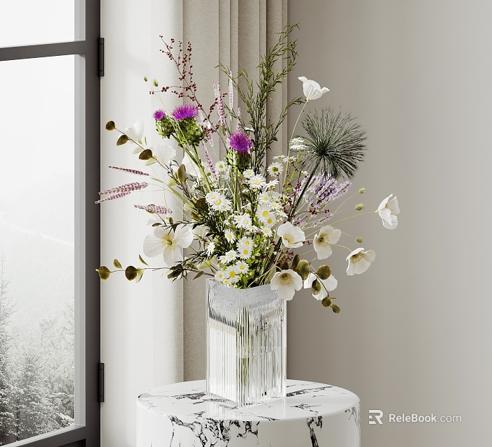 Transparent Glass Vase With White Purple Flowers And Green Leaves On Window Tabletop 3d model 
