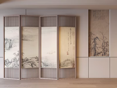 Song's Aesthetic Folding Screen Solid Wood Grille Partition Entrance New Chinese Style Background Wall Decorative Painting 3d model