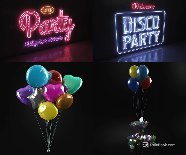 Neon Decorative Lights for Party and Disco with Vibrant Atmosphere and Colorful Balloons 3d model 