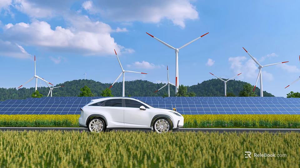 Modern Electric Car Parked By Solar Panels With Wind Turbines In Green Field Blue Sky 3d model 