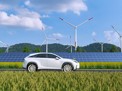 Modern Electric Car Parked By Solar Panels With Wind Turbines In Green Field Blue Sky 3d model