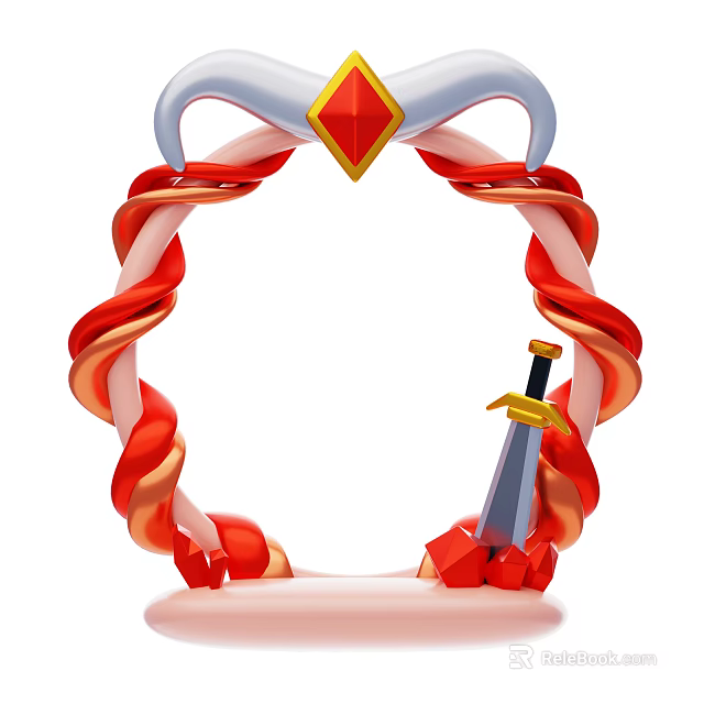 Decorative Ornament Set With Twisted Spiral Ring Red Diamond Gemstone And Golden Decorated Sword 3d model 