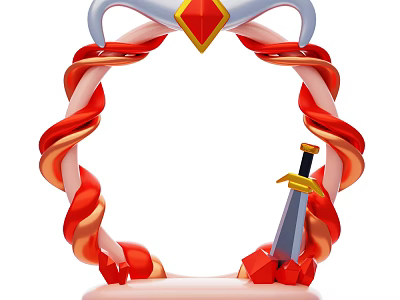 Decorative Ornament Set With Twisted Spiral Ring Red Diamond Gemstone And Golden Decorated Sword 3d model