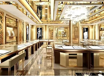 Luxury Jewelry Store Interior With Gold Decor Glass Display Counters And Chandeliers 3d model
