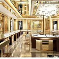 Luxury Jewelry Store Interior With Gold Decor Glass Display Counters And Chandeliers