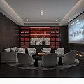 Modern Lounge Area With Sofa Chairs Coffee Tables Wine Rack Projection Screen And Fireplace