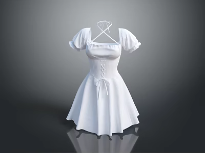 Elegant White Dress With Puffed Sleeves Square Neckline Cinched Waist And A line Skirt Design 3d model