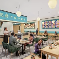 Modern Restaurant Interior With Blue Walls Green Chairs Wooden Tables Pendant Lights And Customers Dining